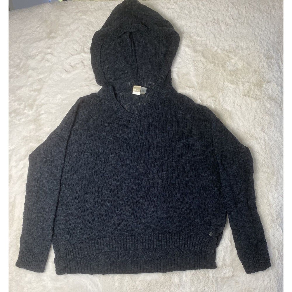 ROXY Sweater Womens XS Black Pullover V Neck Hooded Hoodie Knit Sweater Hi Lo